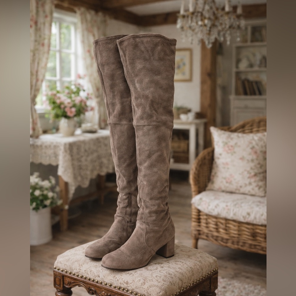 Stuart Weitzman Highland Stretch Over-the-Knee Suede Block Heel Boots - Taupe